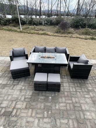 Fimous Outdoor PE Rattan Garden Furniture Gas Fire Pit Dining Table Armchairs With 3 Stools Dark Grey Mixed