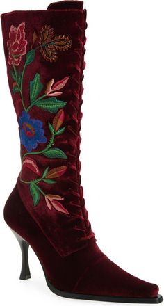 Jeffrey Campbell Joyeux Floral Lace-Up Knee High Boot in Wine Velvet Floral Multi at Nordstrom, Size 9.5