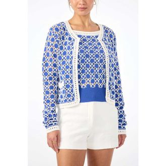 Trina Turk Sinai Geometric Knit Cardigan in Cobalt Cove/whitewash at Nordstrom, Size X-Small