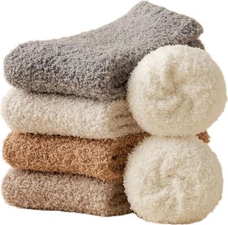 Generic Cozy Comfort Womens Microfiber Fuzzy Slipper Socks, Winter Thermal Home Sleeping Socks, 4 Pairs, Soft Plush Warm Design in Grey, White, Brown