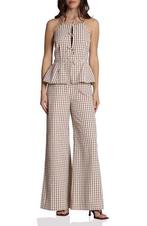 Avec Les Filles Check Bow Tie Front Peplum Jumpsuit in Cream And Brown at Nordstrom, Size 10