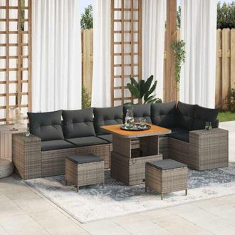 vidaXL Conjunto De Sof&aacute; De Jard&iacute;n Con Coj&iacute;n 9 Pcs Gris Rat&aacute;n Sint&eacute;tico Vidaxl