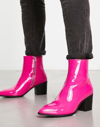Asos Stivaletti Chelsea in pelle sintetica verniciata rosa con tacco
