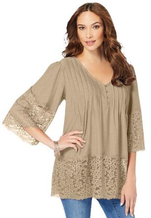 Roaman's Lace-Hem Pintuck Tunic in Sandy Beige at Nordstrom, Size 12