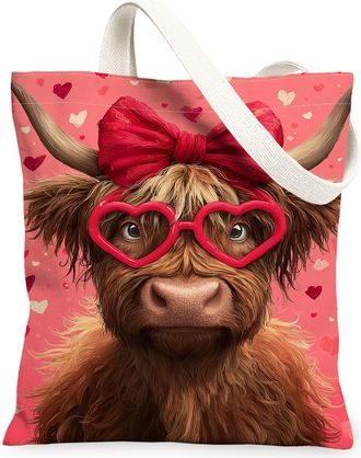 Generic ValentineS Day Animal Canvas Tote Bags, Cute Cow Heart Pattern Reusable Bags, Fun Lightweight Washable Shoulder Strap Canv, Peach, 13x15 Inch