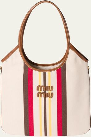 Miu Miu Ivy Striped Leather-Trim Canvas Tote Bag