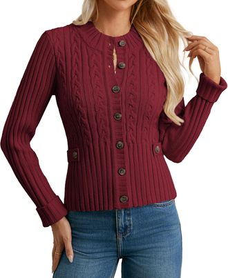 Grace Karin Womens Stand Collar Buttons Cardigans Elegant, Slim Fit Chunky Cardigans for Women UK, Autumn Winter Jackets Outwear Burgundy XL