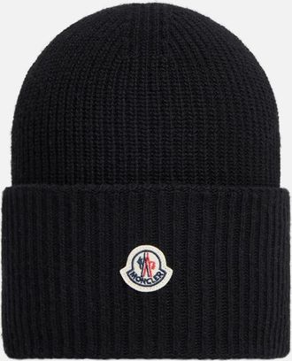 Moncler Black Ribbed Texture Logo Beanie Hat