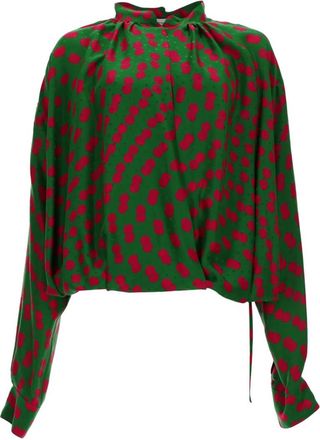 Dries Van Noten Green Polka Dot Mock Collar Top