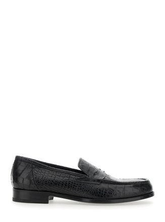 Lidfort Luisiana Black Loafers With Embossed Crocodile Effect In Leather Man