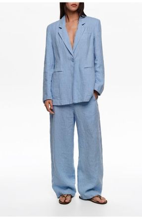 Bimba & Lola Striped Washed Linen Barrel Trousers in Light Blue at Nordstrom, Size 40 Eu