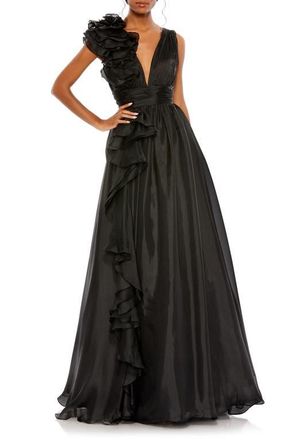 Mac Duggal Ruffle Shoulder V-Neck Chiffon Gown in Black at Nordstrom, Size 14