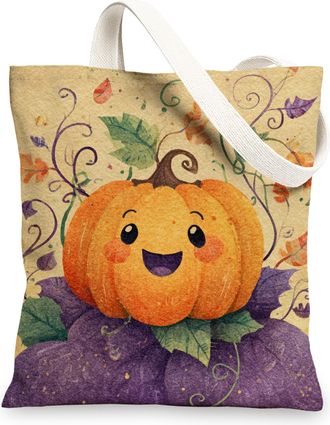 Generic Cute Pumpkin Canvas Tote Bags, Fanciful Fall Floral Design Reusable Grocery Bags, Lightweight Washable Shoulder Strap Canvas Bags for Shopping Outdoor