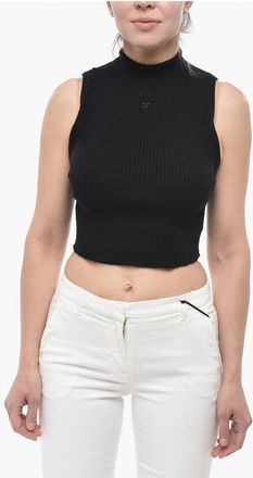 Courr&egrave;ges Ribbed Cotton-Blend Sleeveless High-Neck Top size M
