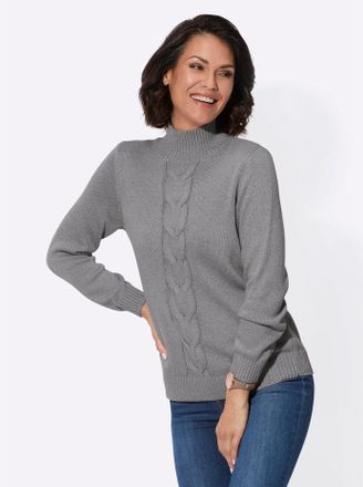Casual Looks Strickpullover CASUAL LOOKS Stehkragen-Pullover, Damen, Gr. 40, schwarz-weiss (anthrazit, ecru, meliert), 55% Baumwolle, 45% Viskose, meliert, unifarb
