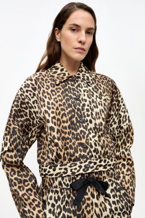 Ganni Mixed Leopard Duchesse Nylon Cropped Jacket - Size 34 Recycled