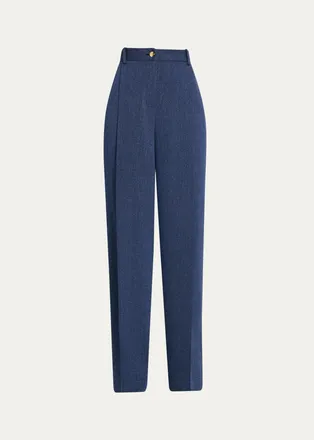 Oscar De La Renta Wool Drill Tailored Wide-Leg Trousers