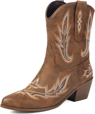 Generic Womens Retro Western Ankle Boots with Embroidery Cowboy Style Pointed Toe Chunky Heels Faux Leather Comfortable Slip Resistant Durable for Casual Dail