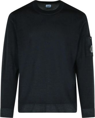C.P. Company Merino Wool Crewneck Lens Sweater - Heren - Ronde hals truien - Zwart - S - Wol - Truien & Vesten
