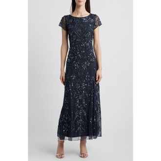 Pisarro Nights Beaded Mesh Midi Cocktail Dress in Deep Slate at Nordstrom Rack, Size 10