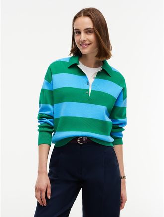 Tommy Hilfiger Womens Relaxed Fit Lightweight Sweater Polo - Green/Blue Stripe - XS