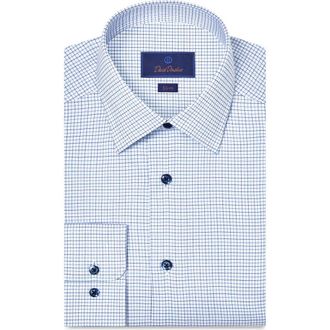 David Donahue Slim Fit Microcheck Stretch Cotton Twill Dress Shirt in White/Blue at Nordstrom, Size 14.5 - 32