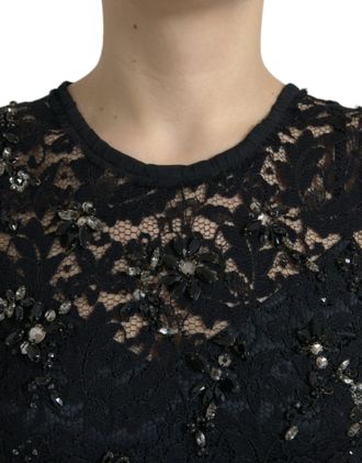 Dolce & Gabbana Black Floral Lace Crystal Sheath Womens Dress