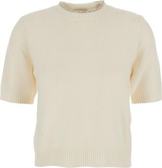 Semicouture White Pullover With Applied Rhinestones And Ribbed Details In Wool Woman