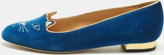 Charlotte Olympia Navy Blue Velvet Kitty Ballet Flats