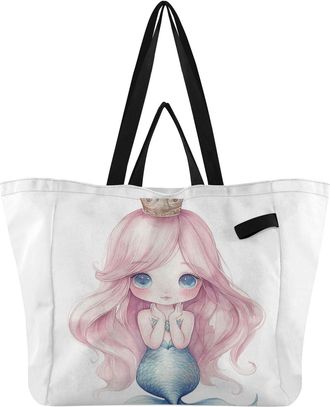 Generic Mermaid Pink Hair print Reusable Canvas Tote Bag, Heavy Duty Grocery Shopping Bag with Large Capacity Hard Bottom Double Handles Work Groceries Travel