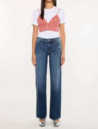 Kancan Mid Rise Wide Leg Jeans In Dark Wash