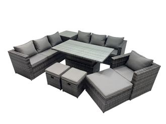 Fimous 10 Seater Outdoor Garden Rattan Furniture Set with Side Table 3 Stool in Dark Grey
