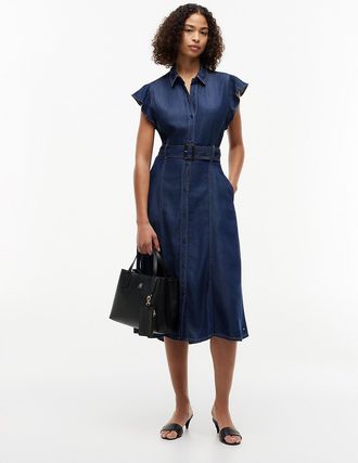 Tommy Hilfiger Womens Flutter-Sleeve Belted Denim Shirtdress - Indigo Wash - 10