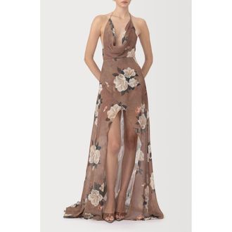 Sau Lee Cairo Floral Plunge Halter Neck Gown in Desert Taupe at Nordstrom, Size 14