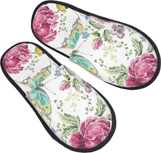 Generic Camping Slippers Roses And Butterflies Non Slip Fuzzy Slippers Soft Indoor Slipper Casual House Shoes For Indoor Autumn L