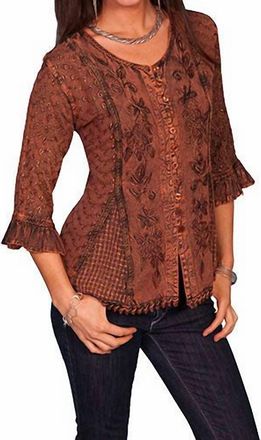 Scully Embroidered 3/4 Sleeve Blouse In Brown