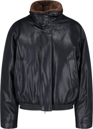 Low Classic Black Detachable Faux Fur Collar Faux Leather Bomber Jacket