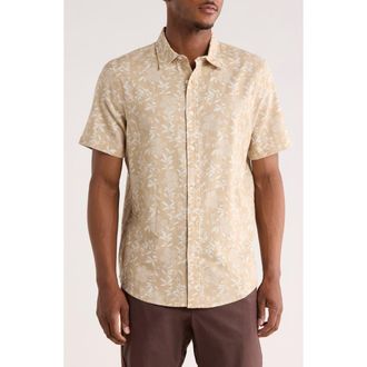 14th & Union Floral Print Short Sleeve Linen Blend Button-Up Shirt in Beige Khaki Blocked Floral at Nordstrom Rack, Size Xx-Large