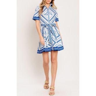 Flying Tomato Printd Belted Shirtdress in White/Blue at Nordstrom Rack, Size X-Small