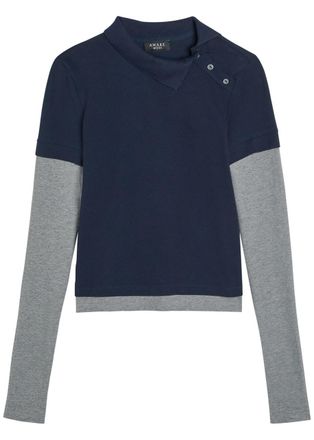 A.W.A.K.E Mode Asymmetric-collar Layered Piqu&eacute; Cotton Polo Shirt - Navy - XS (UK6 / XS)