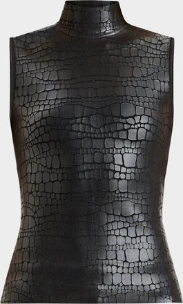 H&eacute;rve L&eacute;ger Clarice Mock-Neck Croc-Embossed Sleeveless Top