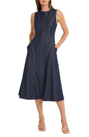 Maggy London Contrast Stitch Sleeveless Denim Midi Dress in Indigo Denim at Nordstrom Rack, Size 10