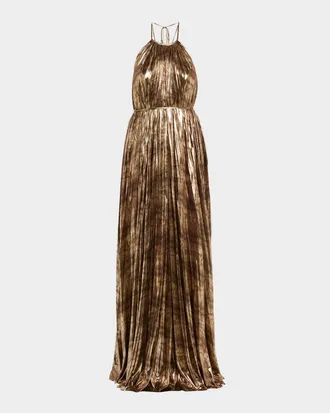 Halston Heritage Maxine Pleated Metallic Jersey Halter Gown