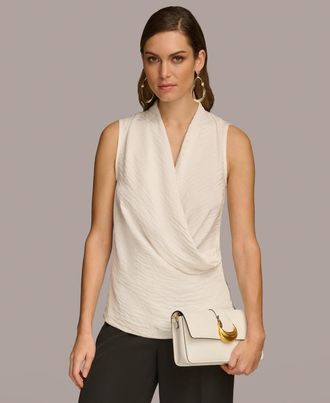 DKNY Wrap Top Womens Cream Surplice Neck Sleeveless Party FTS1172