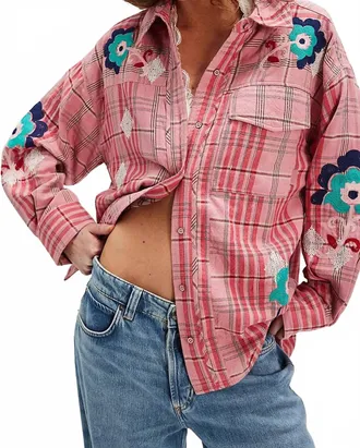 Free People Embroidered Sashiko Top In Pink Combo