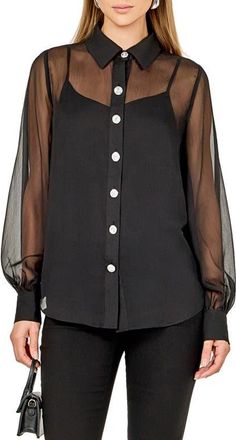 endless rose Volume Sleeve Sheer Shirt in Black at Nordstrom, Size X-Small