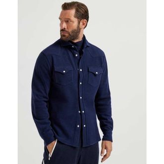 Brunello Cucinelli Mens Navy Wool Blend Western Shirt, Size XS