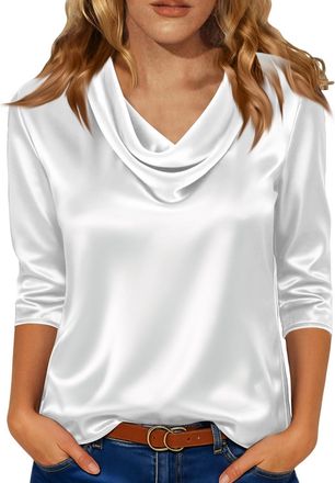 Generic Satin Tops Blouses for Women UK 3/4 Sleeve Silk Ladies Tops Cowl Neck Top Elegant Casual Business Shirts White Blouse M 38