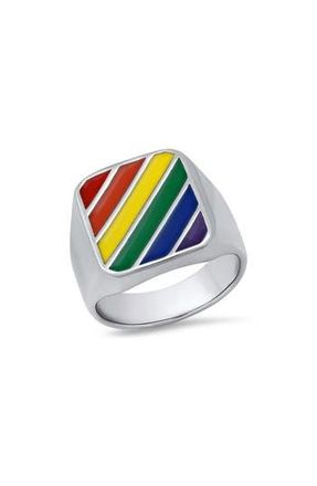 Steeltime Mens Rainbow Stripe Signet Ring in Silver Multi at Nordstrom Rack, Size 11