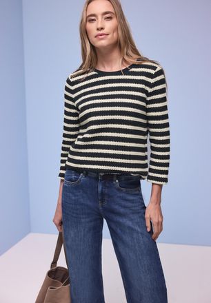 Street One 3/4-Arm-Shirt STREET ONE, Damen, Gr. 34, shadowed navy, Jersey, Obermaterial: 65% Baumwolle, 35% Polyester, gestreift, tailliert h&uuml;ftbedeckend, U-Boot